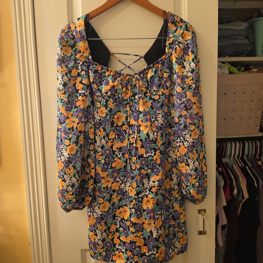 Bershka Floral Long Sleeve Mini Dress - Purple, Yellow, Green